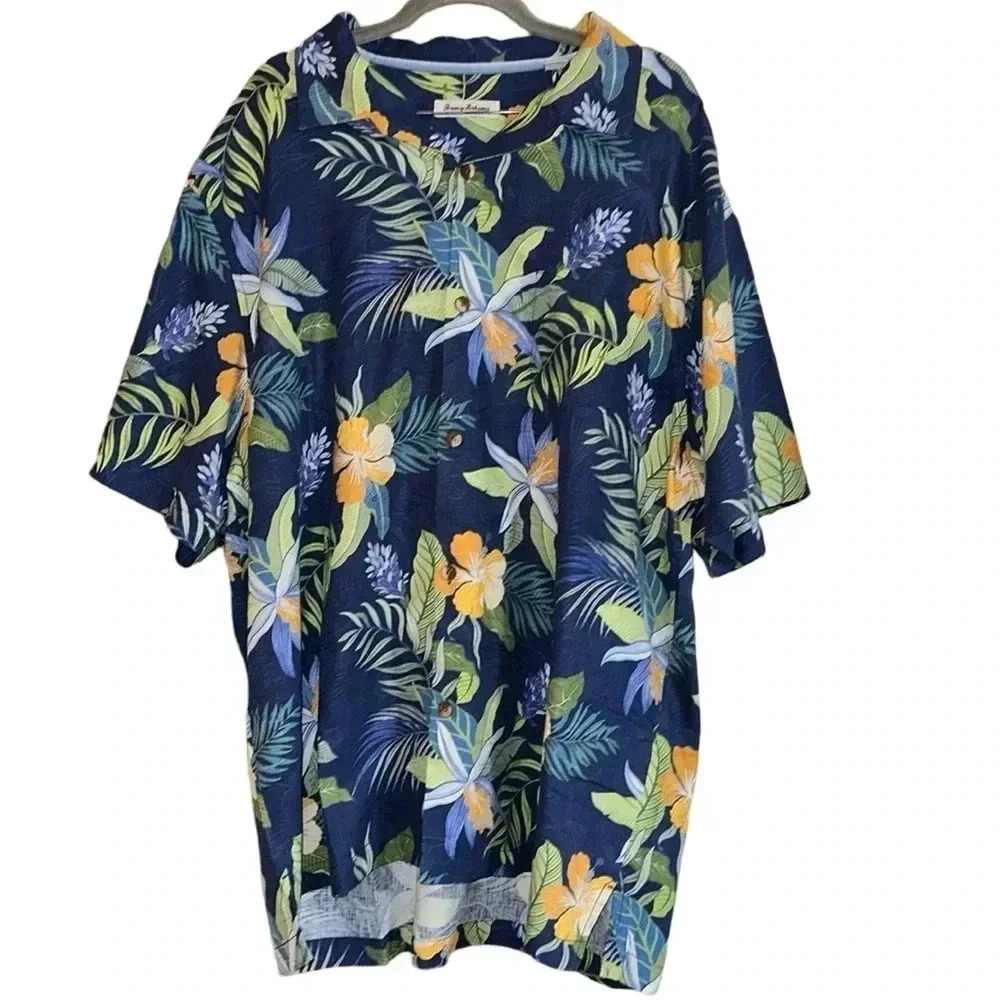 Tommy Bahama Blue Floral Hawaiian Print Button Down Short Sleeve Shirt Size XXL